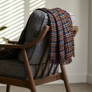 Blue and Orange Plaid Throw Blanket | Multicolor Plaid Throw Blanket | 55" x 70"  1.5” Fringe