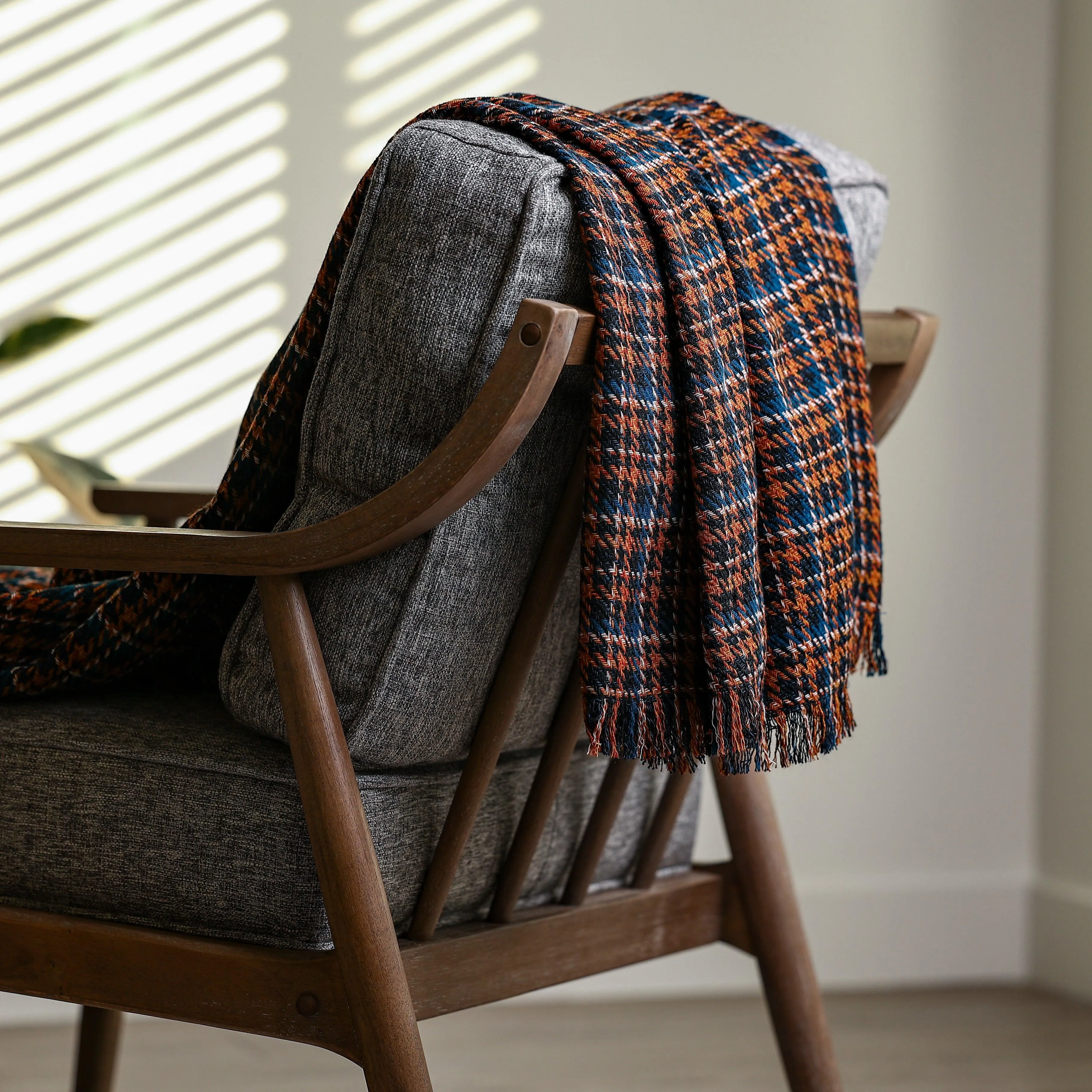 Blue and Orange Plaid Throw Blanket | Multicolor Plaid Throw Blanket | 55" x 70"  1.5” Fringe