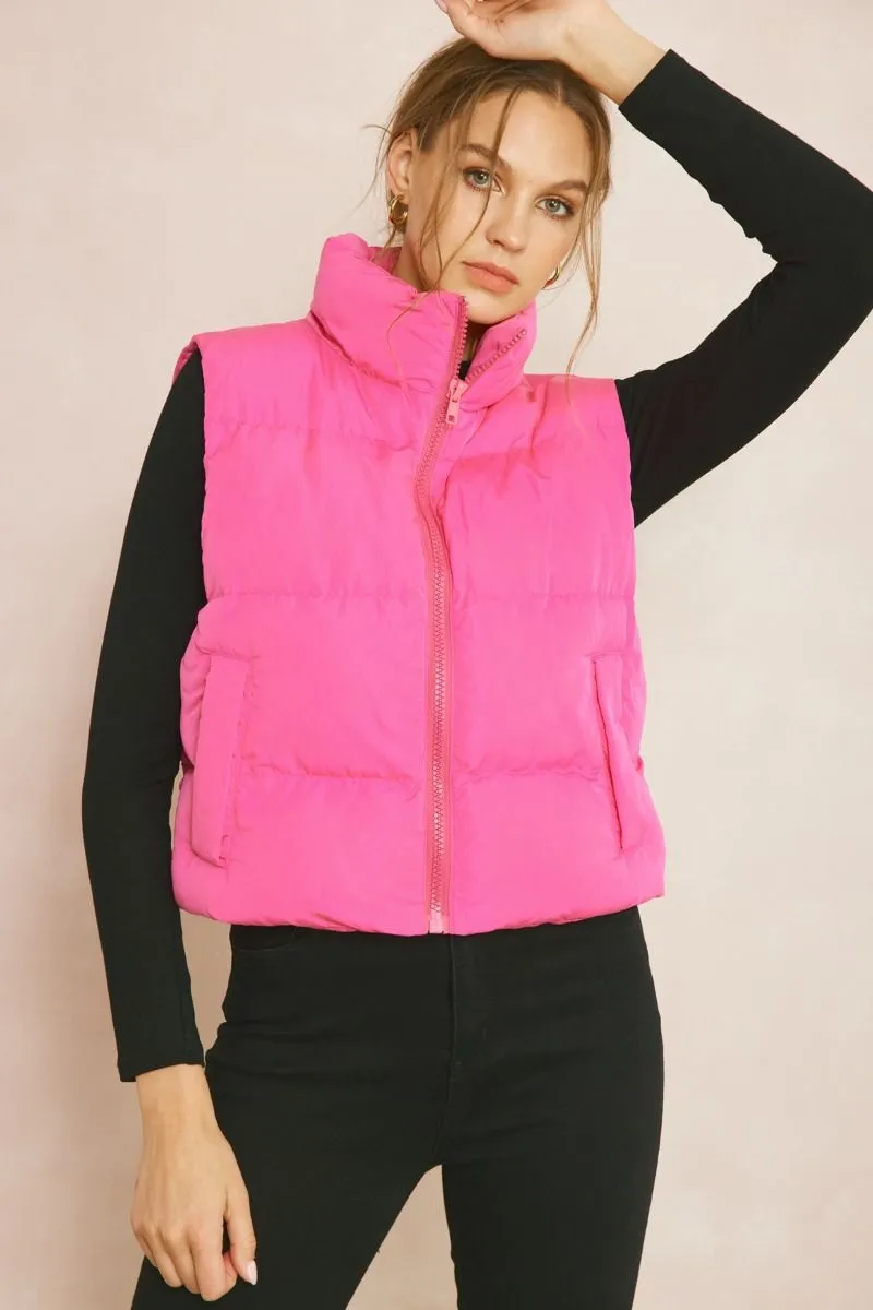 Cozy Up Cropped Puffer Vest - Pink *Regular & Curvy*