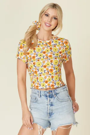 Crop Rib Knit Short Sleeve Tops with Matching Scrunchie - Yellow, Orange Floral
