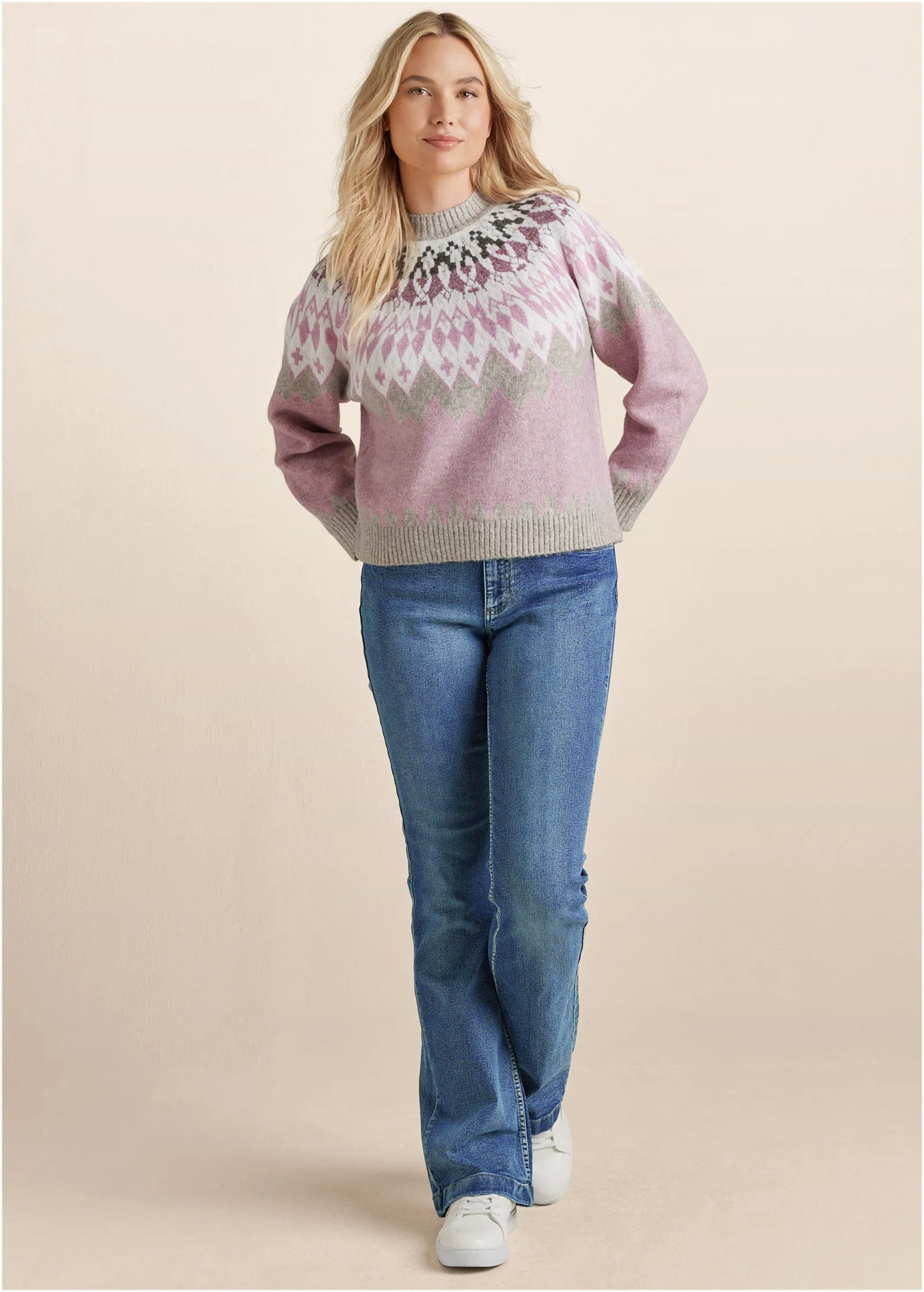 Fair Isle Crew Neck Sweater - Pink Multi