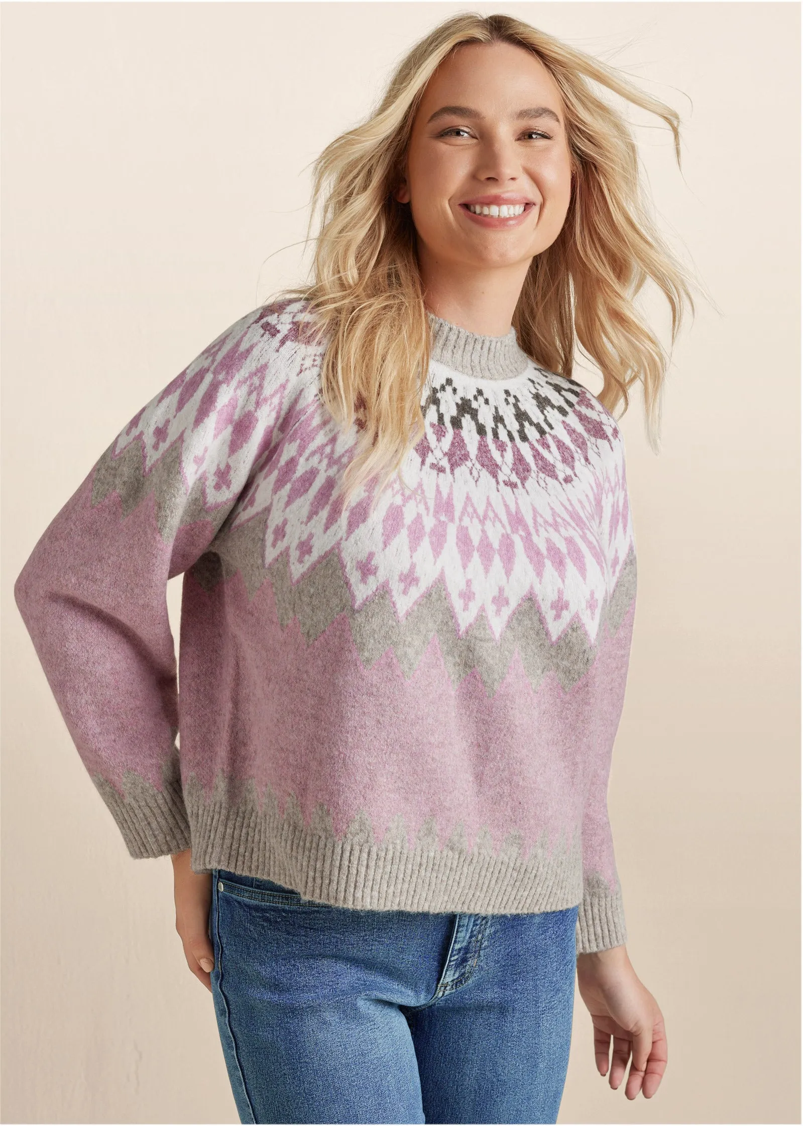 Fair Isle Crew Neck Sweater - Pink Multi