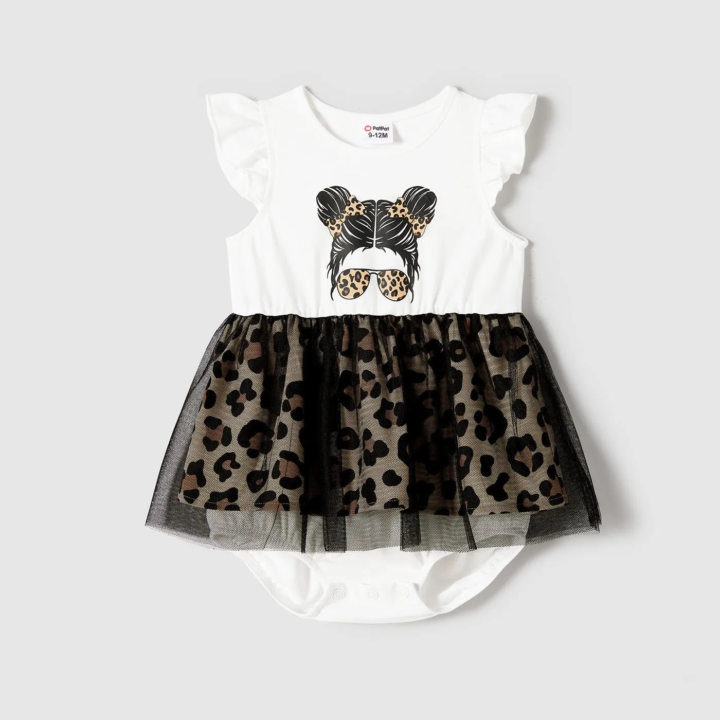 Family Matching Figure Print Leopard Panel Mesh Overlay One-Shoulder Dresses and Colorblock Short-sleeve T-shirts Sets