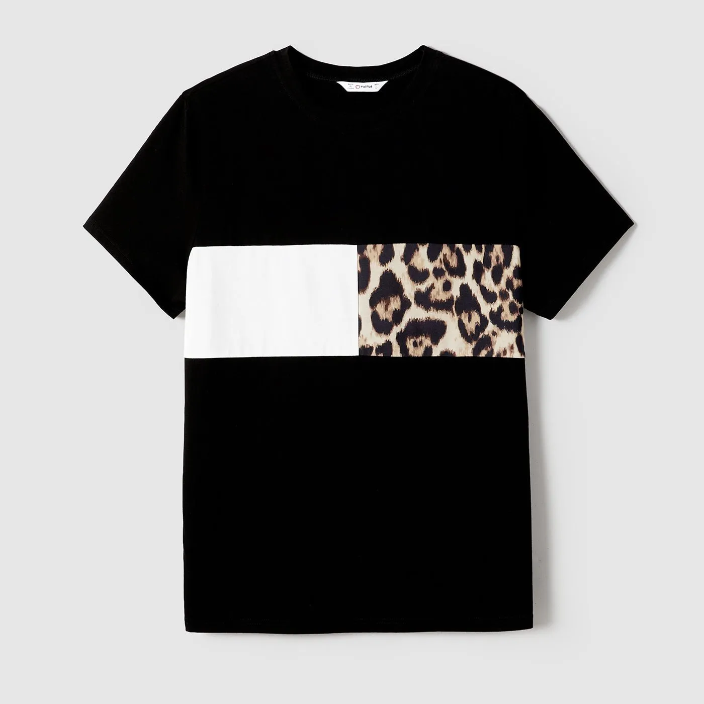 Family Matching Figure Print Leopard Panel Mesh Overlay One-Shoulder Dresses and Colorblock Short-sleeve T-shirts Sets