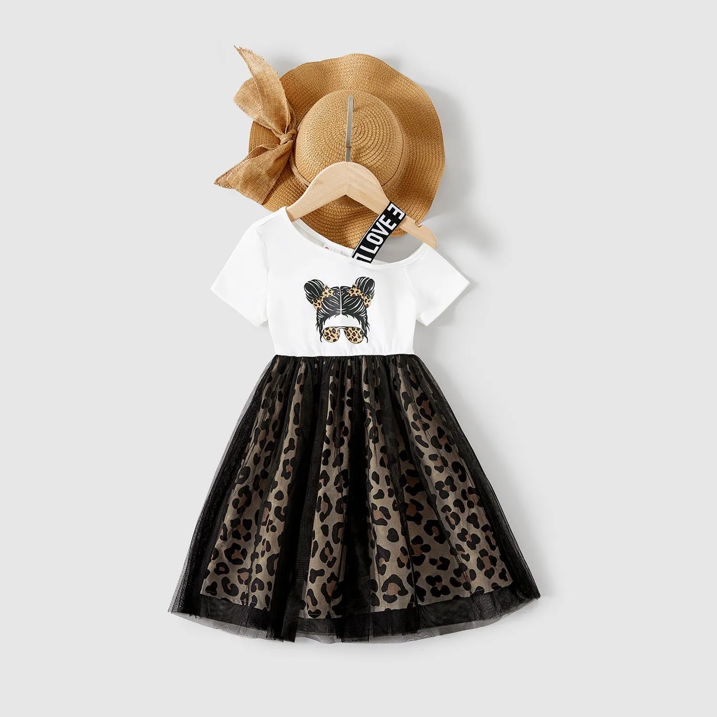 Family Matching Figure Print Leopard Panel Mesh Overlay One-Shoulder Dresses and Colorblock Short-sleeve T-shirts Sets