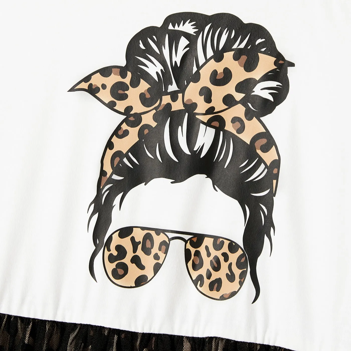 Family Matching Figure Print Leopard Panel Mesh Overlay One-Shoulder Dresses and Colorblock Short-sleeve T-shirts Sets