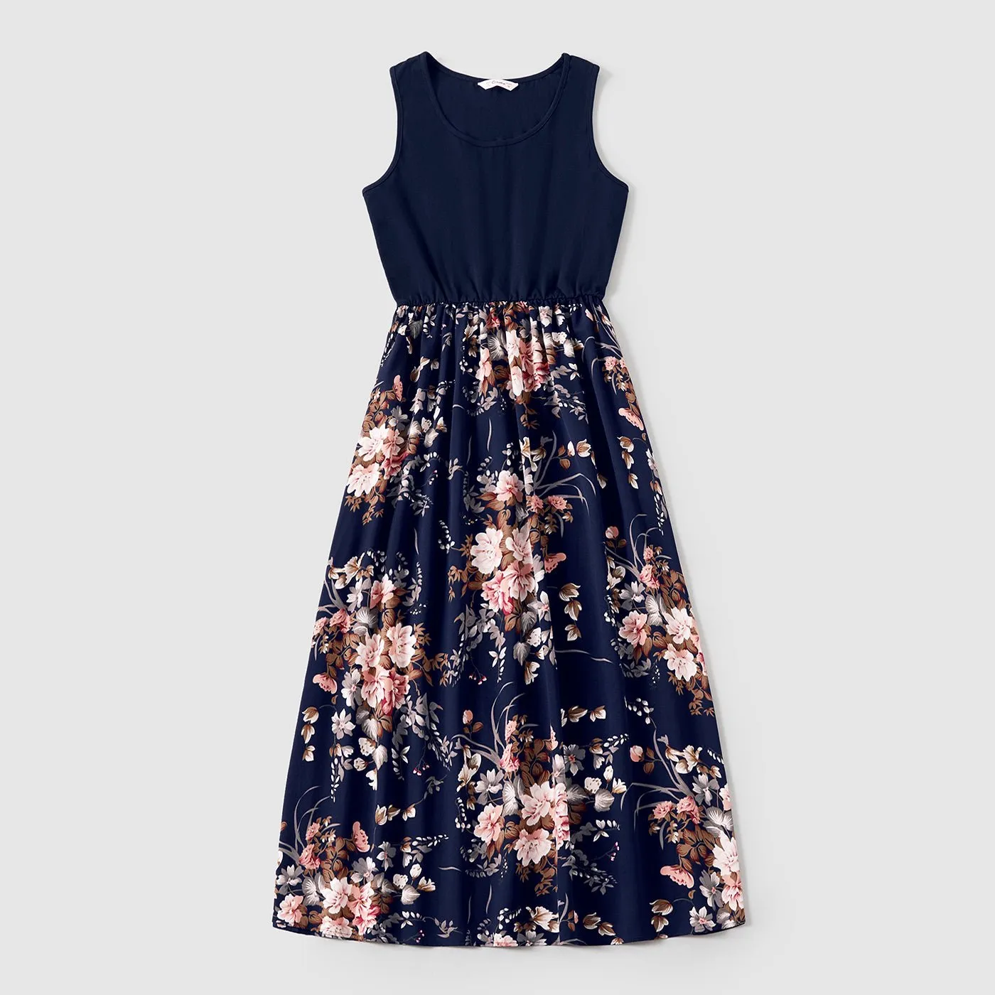 Family Matching Sleeveless Floral Print Spliced Midi Dresses and Short-sleeve Striped T-shirts Sets