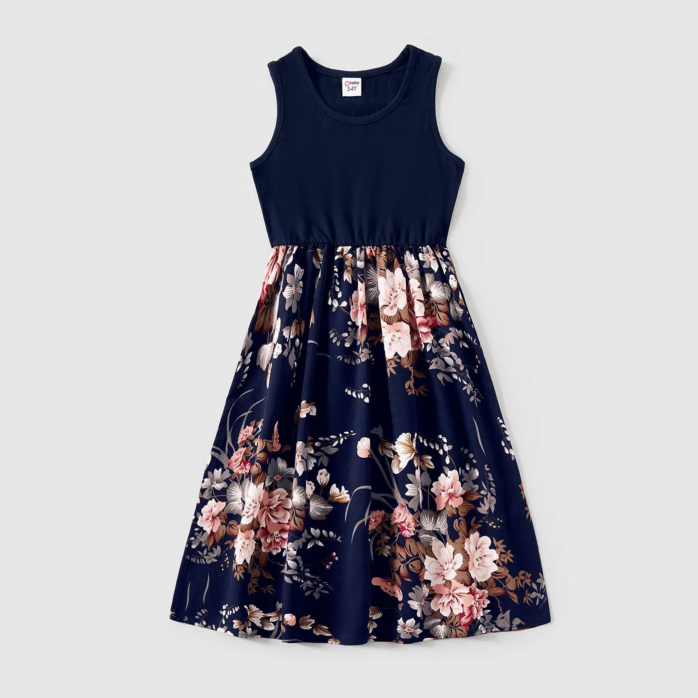 Family Matching Sleeveless Floral Print Spliced Midi Dresses and Short-sleeve Striped T-shirts Sets