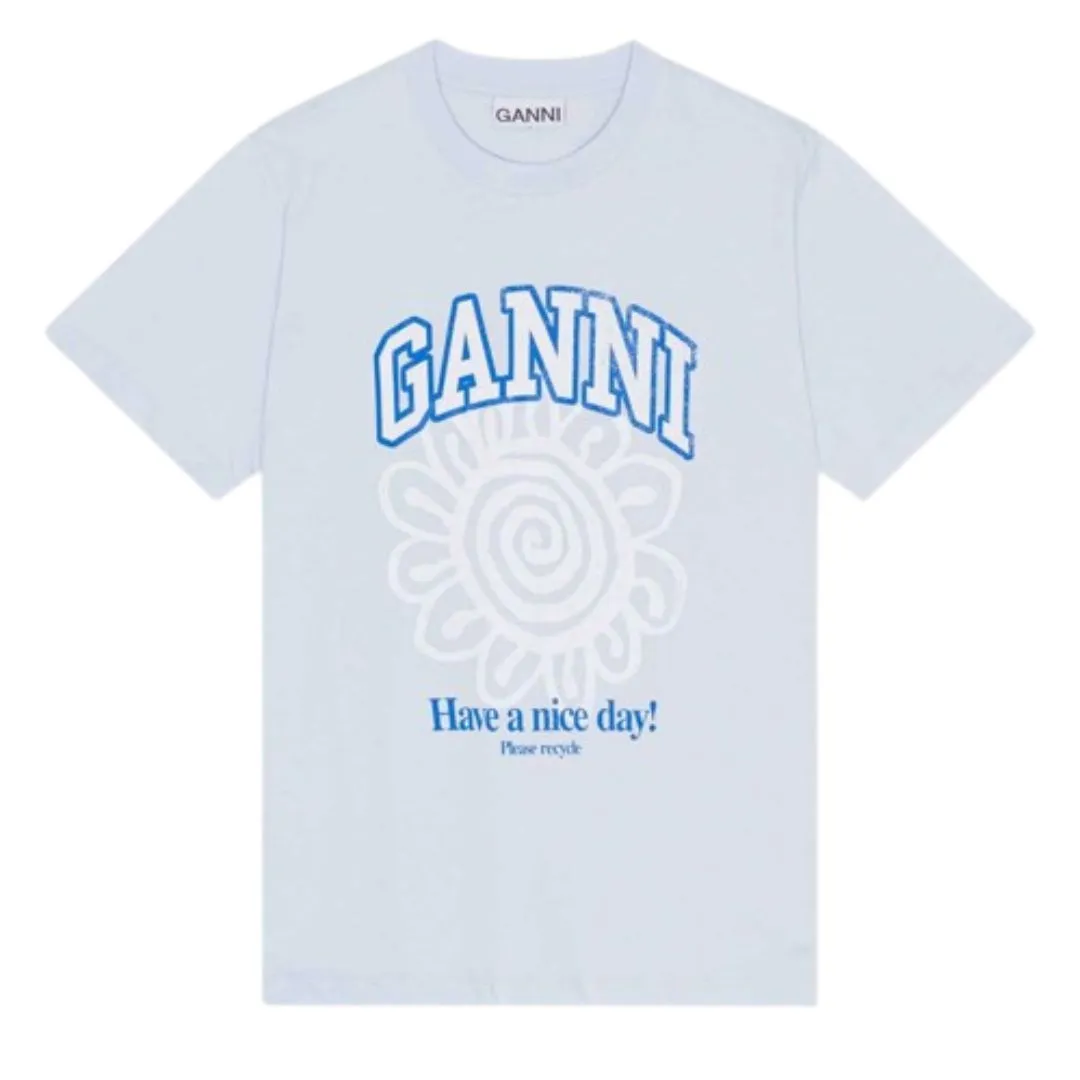 GANNI FLOWER PRINT RELAXED T-SHIRT ICE BLUE