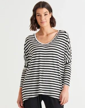 Kyoto V Neck Tee - Black/White Stripe