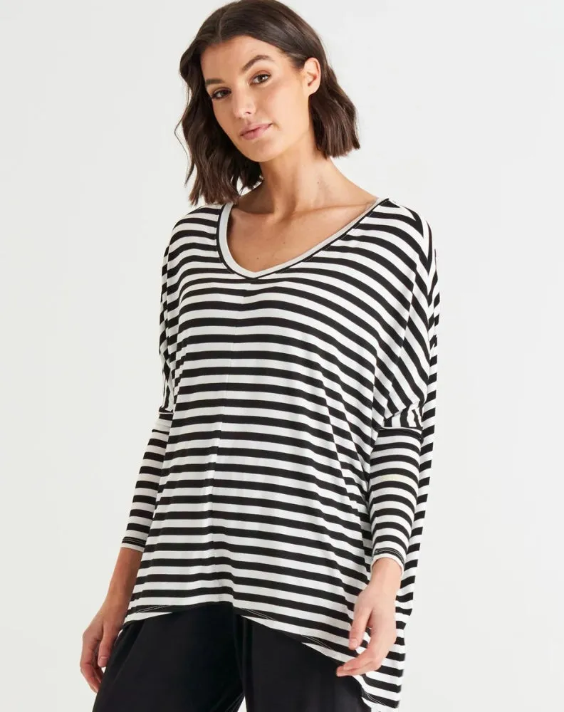 Kyoto V Neck Tee - Black/White Stripe