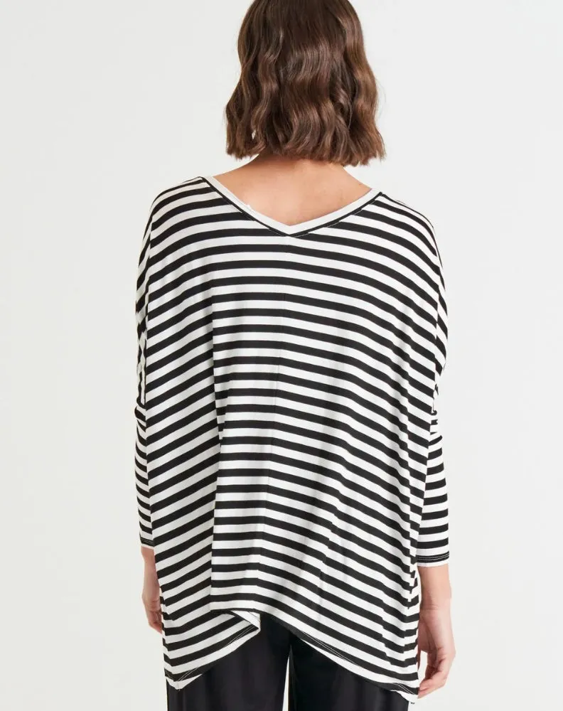 Kyoto V Neck Tee - Black/White Stripe