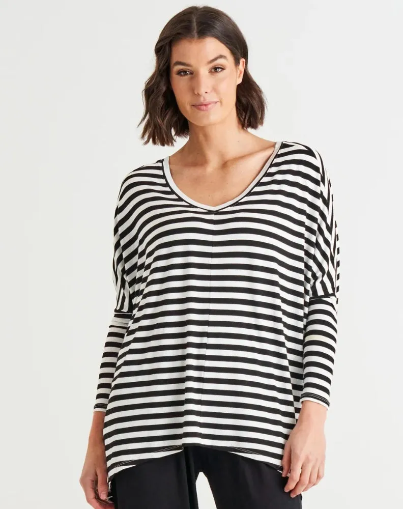 Kyoto V Neck Tee - Black/White Stripe