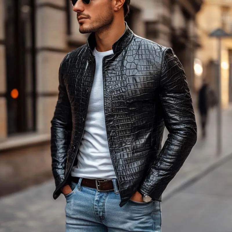 Men's Fashion Crocodile Leather Stand Collar Single Breasted Slim Fit Jacket 22007630M