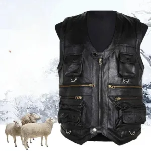 Men's Genuine Leather Imported Vest Male Multiple Pockets Sleeveless Coat Men V-neck Real Sheepskin Waistcoat