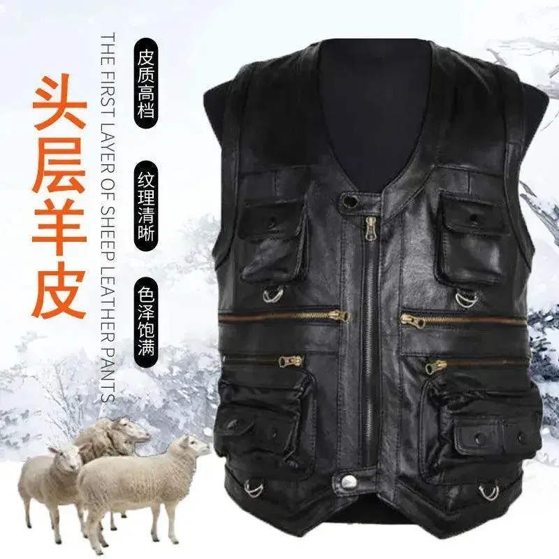 Men's Genuine Leather Imported Vest Male Multiple Pockets Sleeveless Coat Men V-neck Real Sheepskin Waistcoat