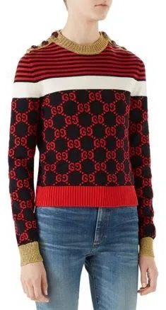 Metallic Trimmed Intarsia Cotton Sweater