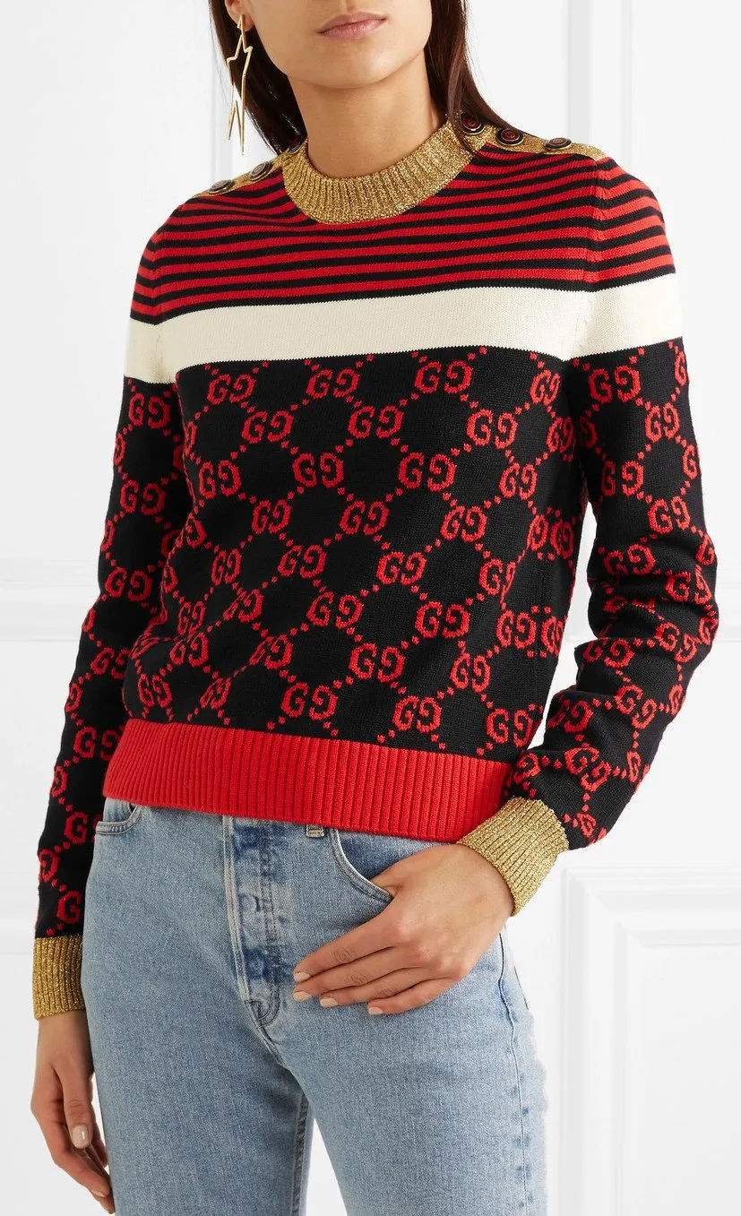 Metallic Trimmed Intarsia Cotton Sweater