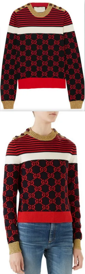 Metallic Trimmed Intarsia Cotton Sweater