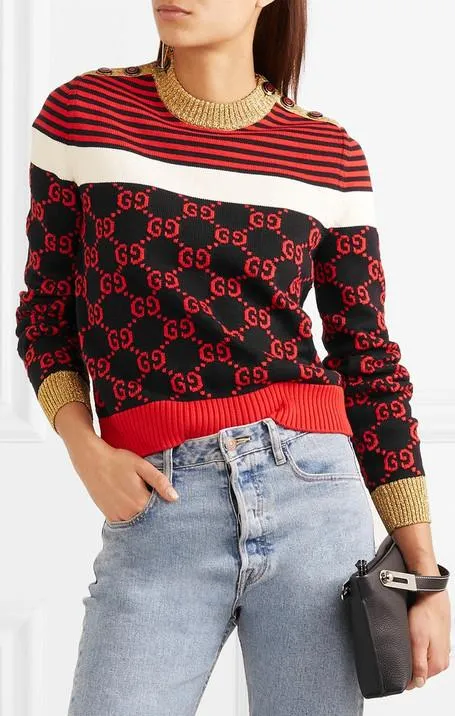 Metallic Trimmed Intarsia Cotton Sweater