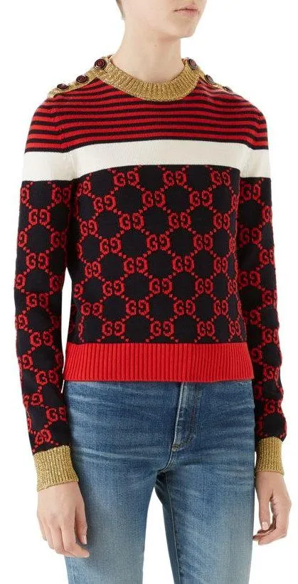 Metallic Trimmed Intarsia Cotton Sweater