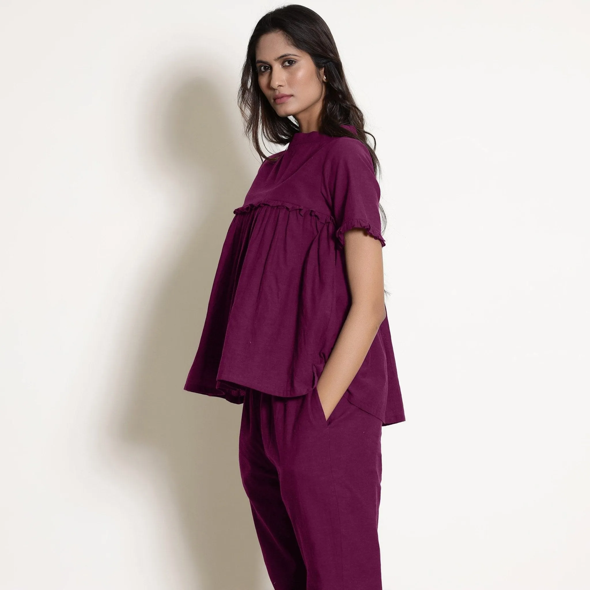Mulberry Warm Cotton Frilled Gathered Top