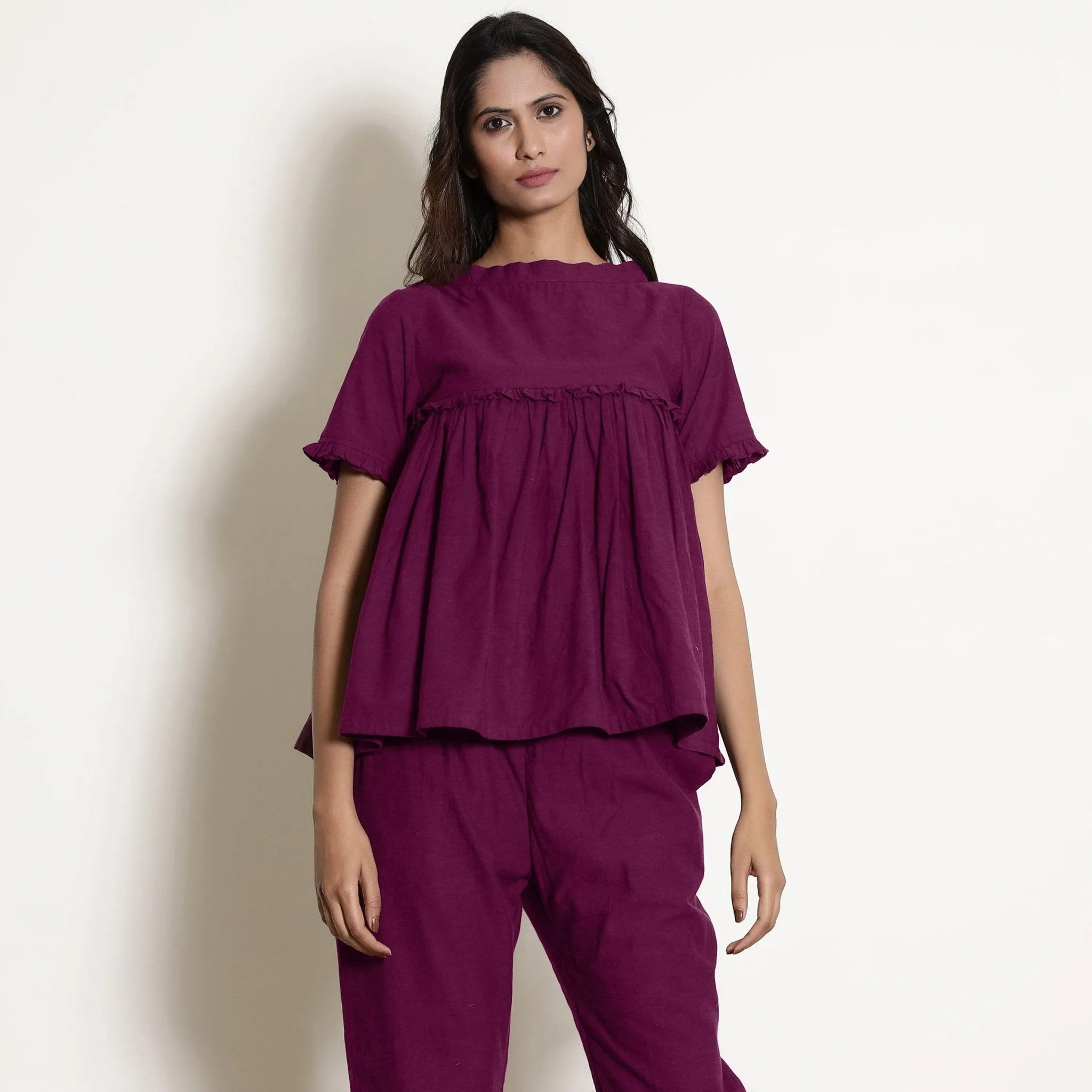 Mulberry Warm Cotton Frilled Gathered Top
