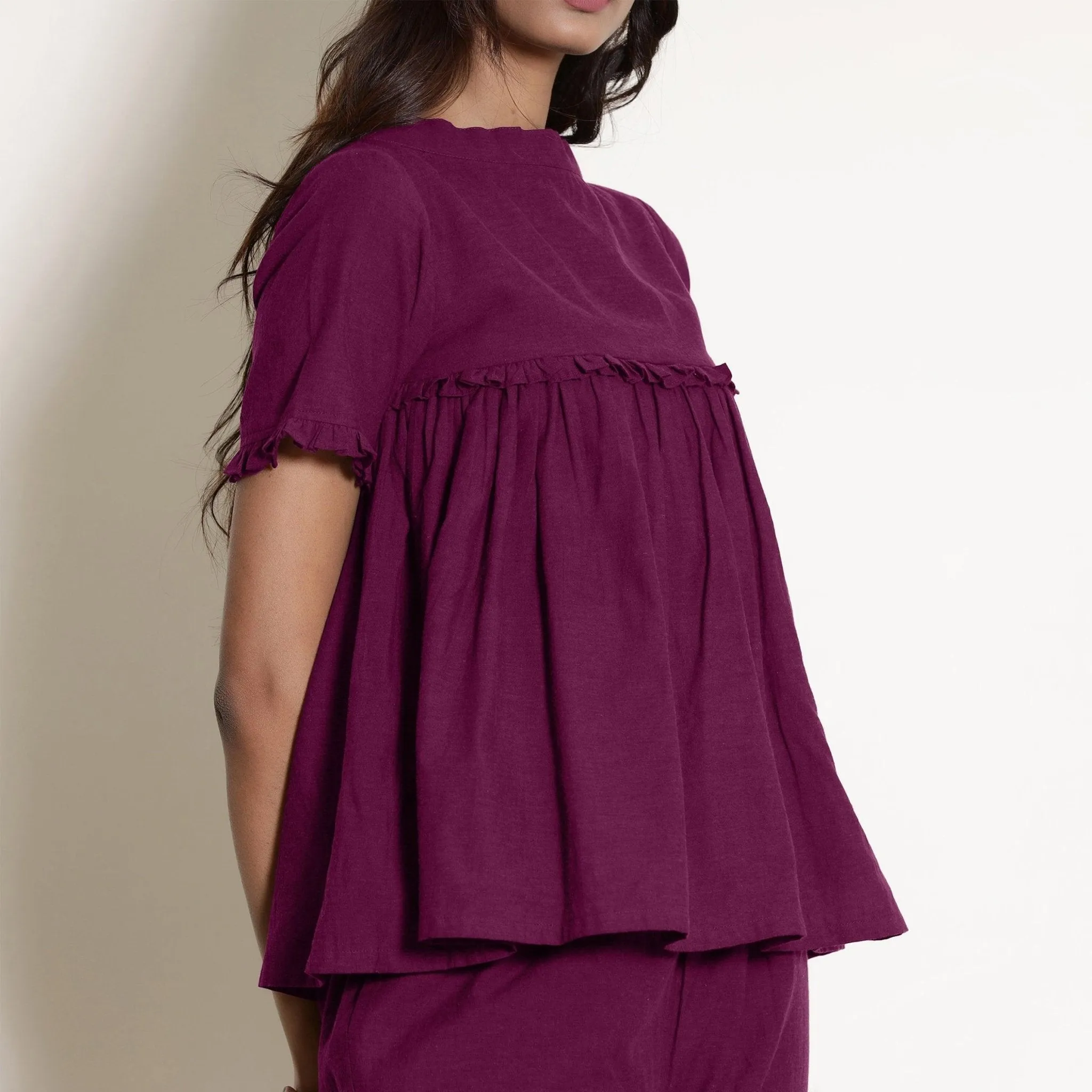 Mulberry Warm Cotton Frilled Gathered Top
