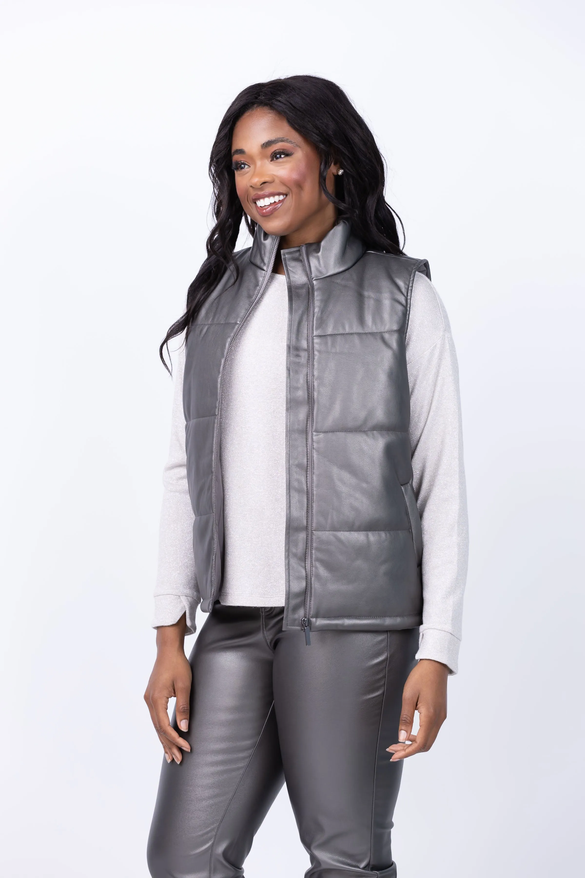 Nic   Zoe Metallic Faux Leather Puffer Vest in Bronze