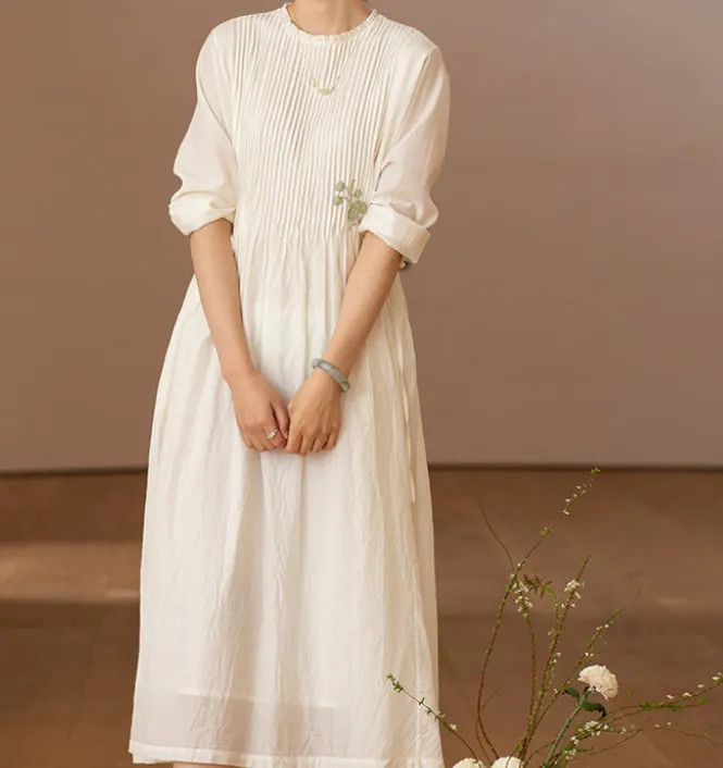 Pleated Soft Linen Dresses long Prom Women Dresses Wedding Dress  90223
